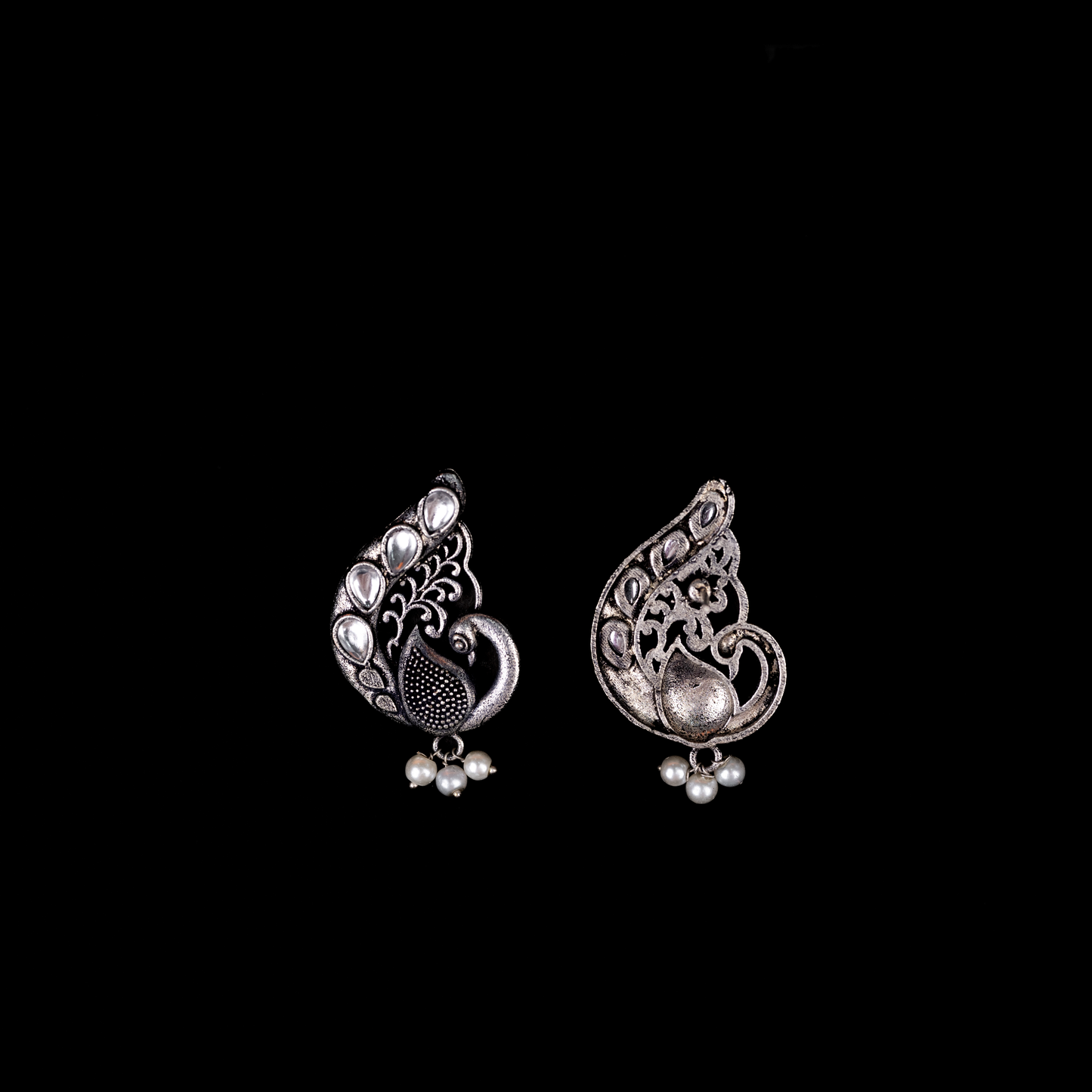 White Stone Studded Peacock Motif Stud Earrings With Hanging Pearls