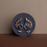 Light Orangish Stone Studded Peacock Motif Stud Earrings With Hanging Pearls