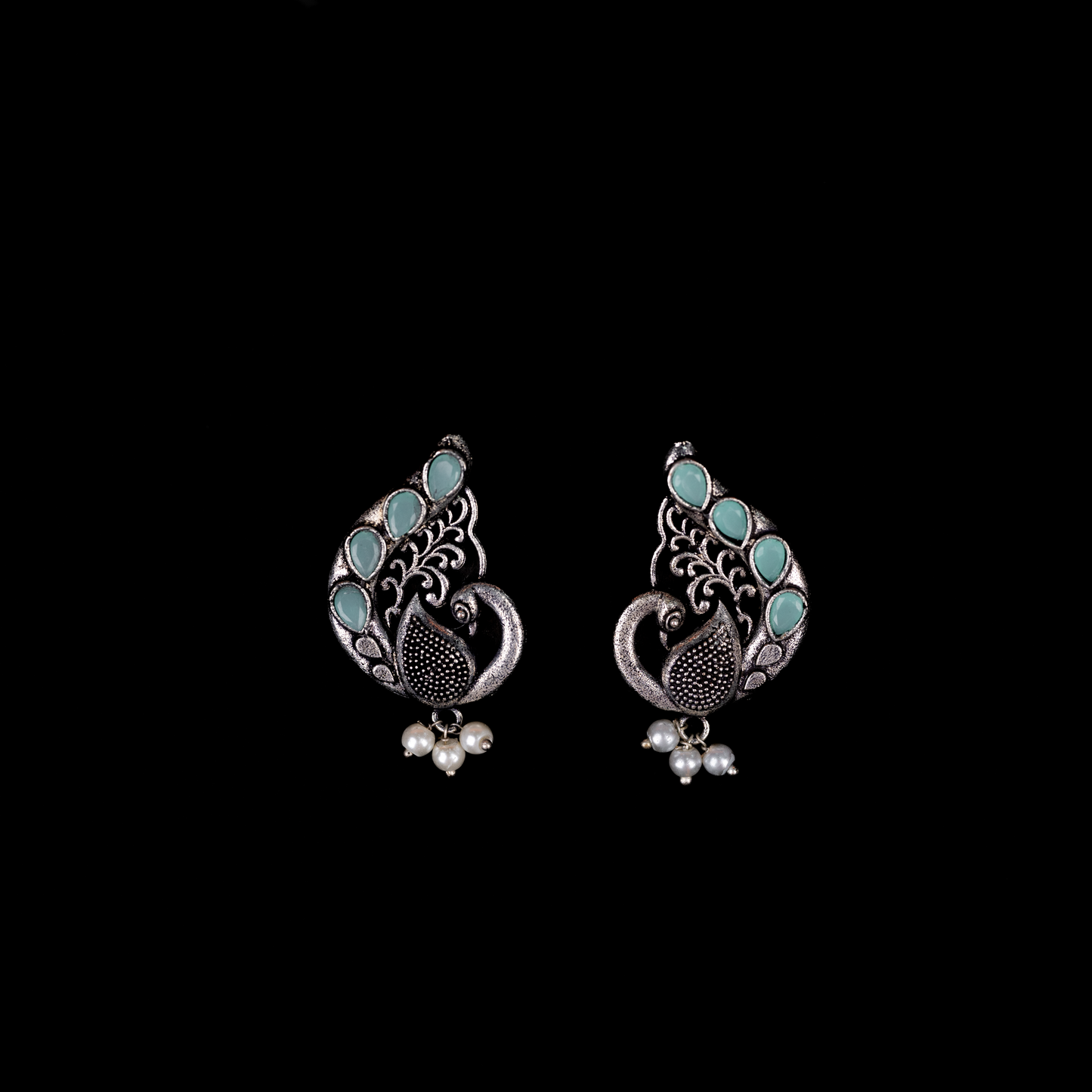 Mint Stone Studded Peacock Motif Stud Earrings With Hanging Pearls