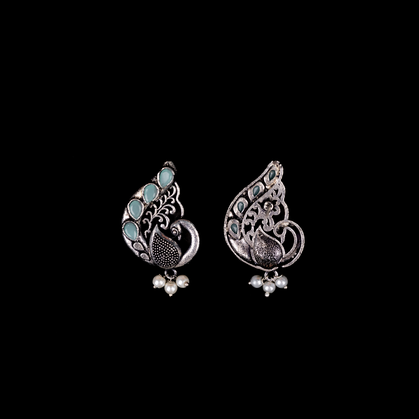 Mint Stone Studded Peacock Motif Stud Earrings With Hanging Pearls