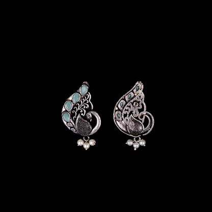 Mint Stone Studded Peacock Motif Stud Earrings With Hanging Pearls