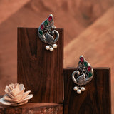 Multicolored Stone Studded Peacock Motif Stud Earrings With Hanging Pearls