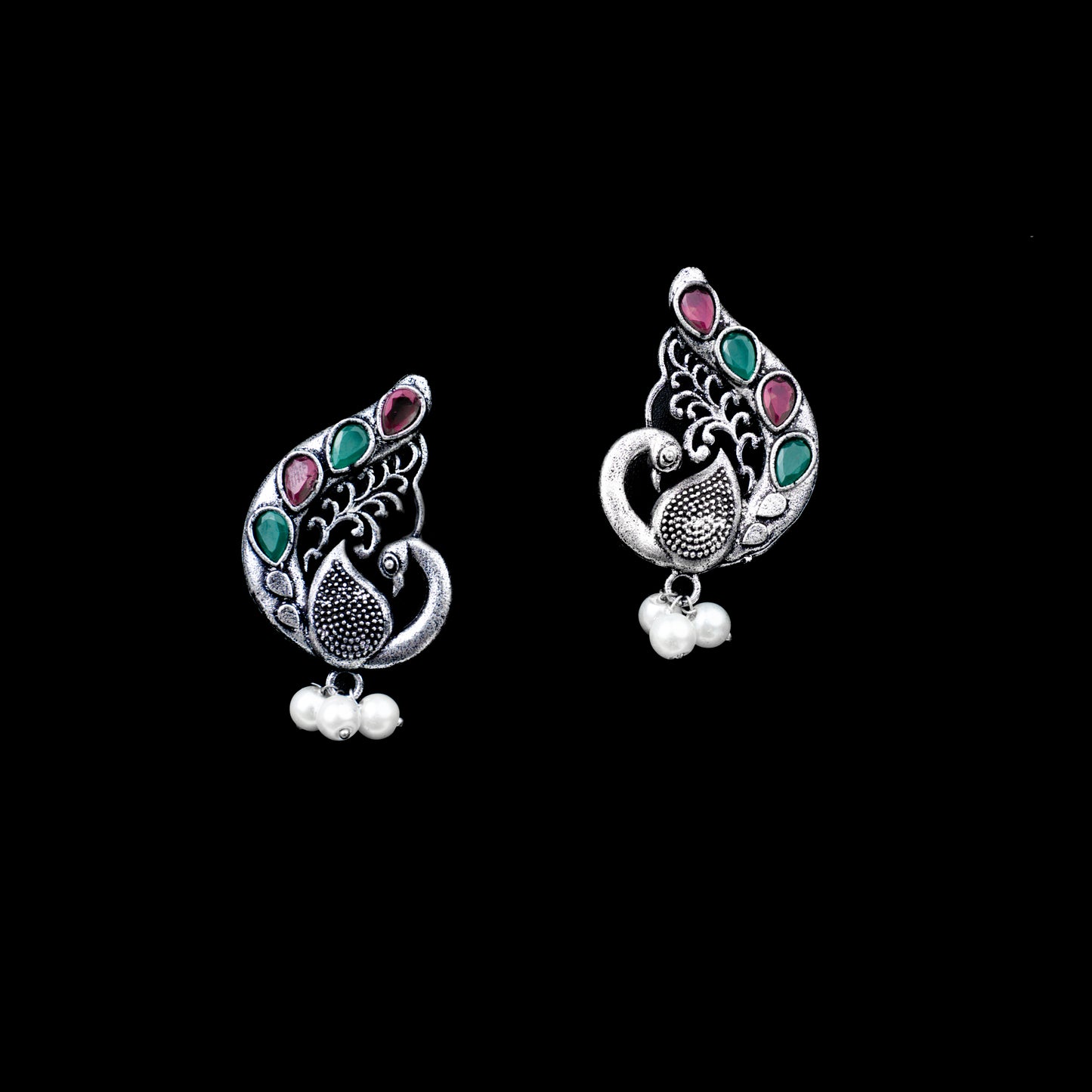 Multicolored Stone Studded Peacock Motif Stud Earrings With Hanging Pearls