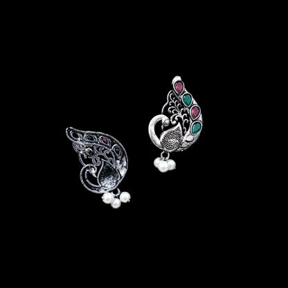 Multicolored Stone Studded Peacock Motif Stud Earrings With Hanging Pearls