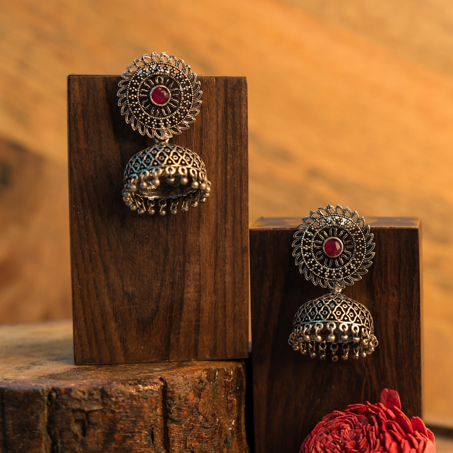 Red Stone Studded Oxidized Earrings With Hanging Jhumki