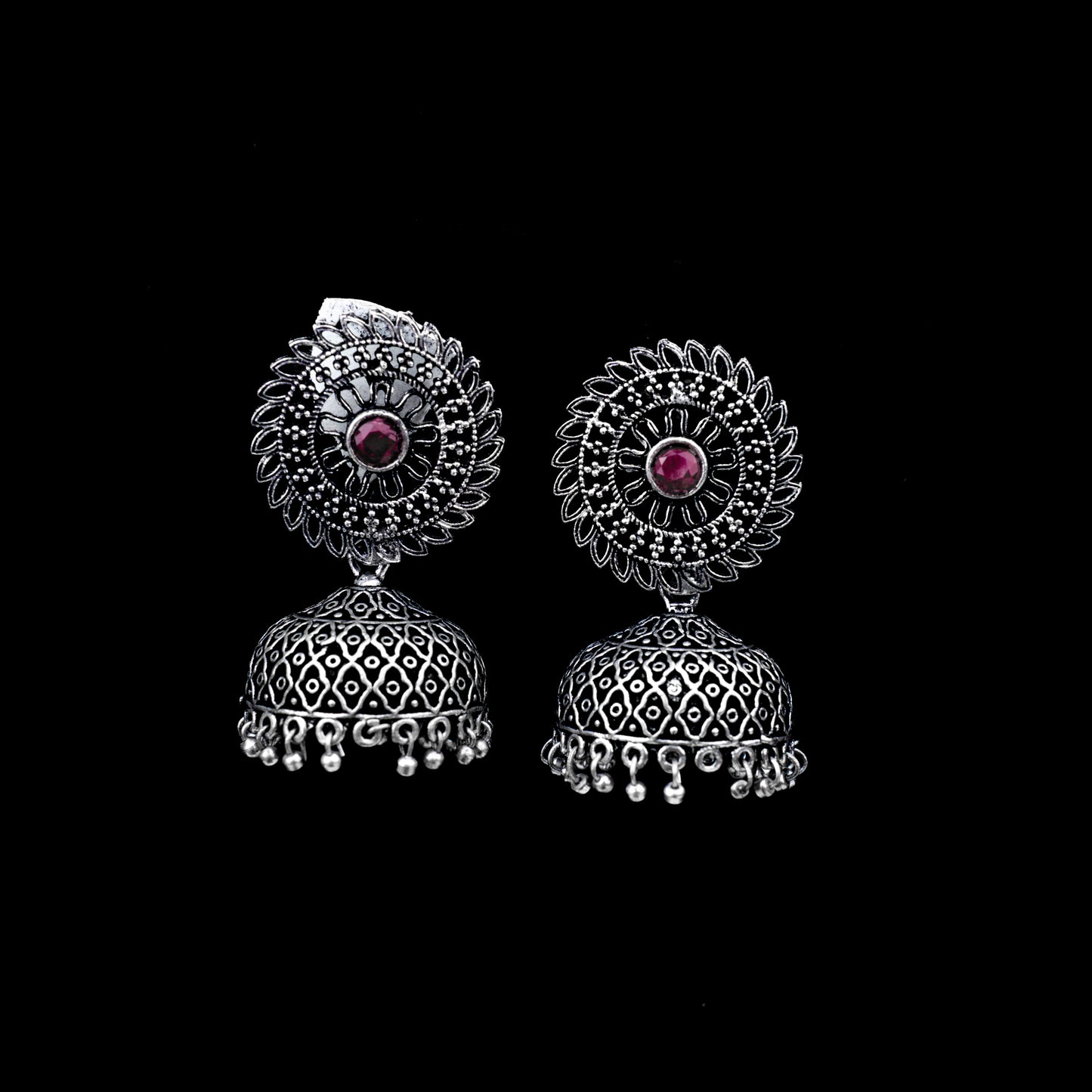 Red Stone Studded Oxidized Earrings With Hanging Jhumki