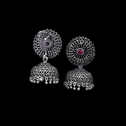 Red Stone Studded Oxidized Earrings With Hanging Jhumki