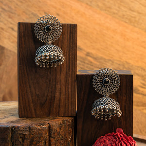 Black Stone Studded Oxidized Earrings With Hanging Jhumki