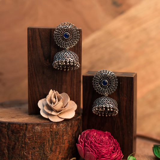 Blue Stone Studded Oxidized Earrings With Hanging Jhumki