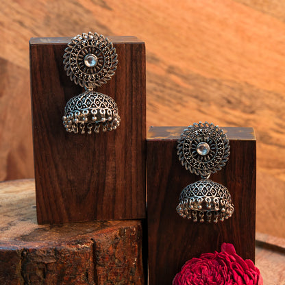 White Stone Studded Oxidized Earrings With Hanging Jhumki