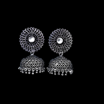 White Stone Studded Oxidized Earrings With Hanging Jhumki