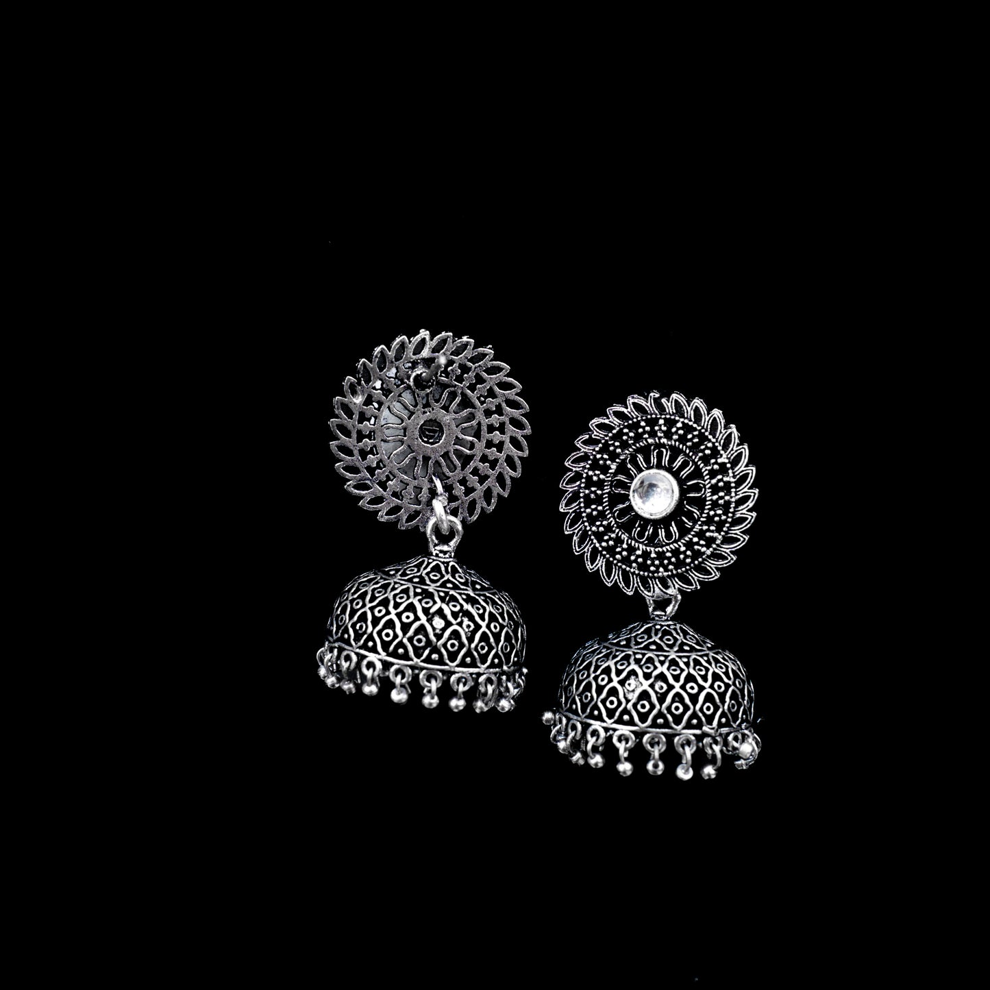 White Stone Studded Oxidized Earrings With Hanging Jhumki