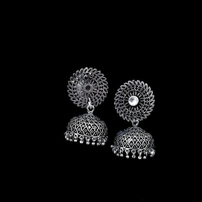 White Stone Studded Oxidized Earrings With Hanging Jhumki