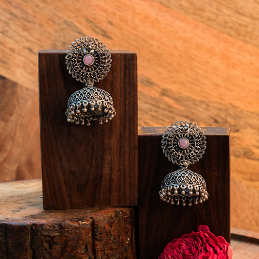 Baby Pink Stone Studded Oxidized Earrings With Hanging Jhumki