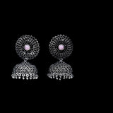 Baby Pink Stone Studded Oxidized Earrings With Hanging Jhumki