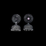 Baby Pink Stone Studded Oxidized Earrings With Hanging Jhumki