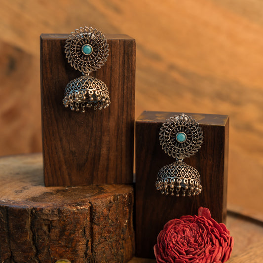 Mint  Stone Studded Oxidized Earrings With Hanging Jhumki