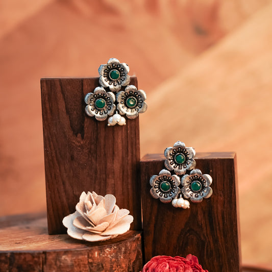 Green Stone Studded Flower Stud Earrings