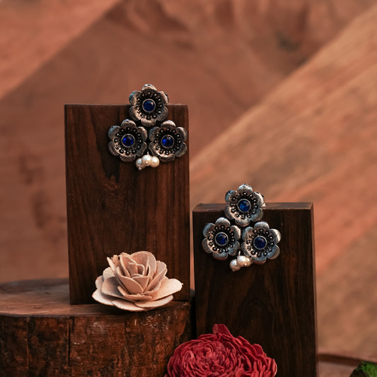 Blue Stone Studded Flower Stud Earrings