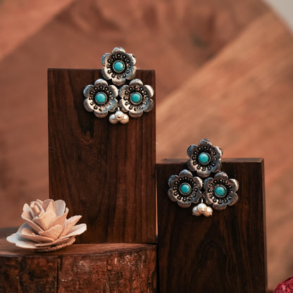 Sky Blue Stone Studded Flower Stud Earrings