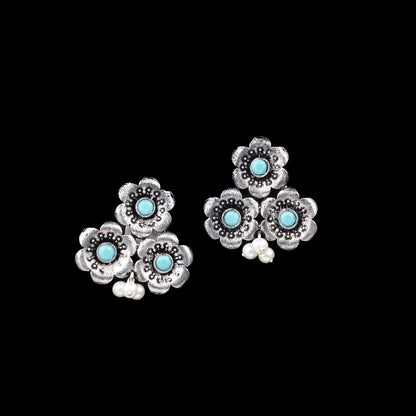 Sky Blue Stone Studded Flower Stud Earrings