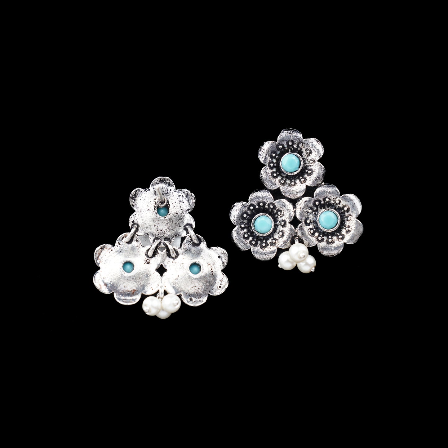 Sky Blue Stone Studded Flower Stud Earrings