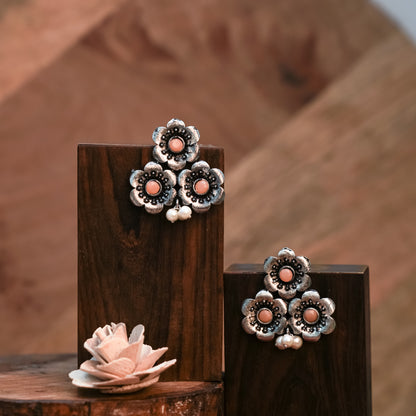 Light Orange Stone Studded Flower Stud Earrings