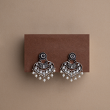 White Stone Studded Heart Shaped Beautiful Earrings With Hanging Pearls