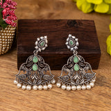 Pista Stone Studded Oxidised Earrings With Hanging Jhumka