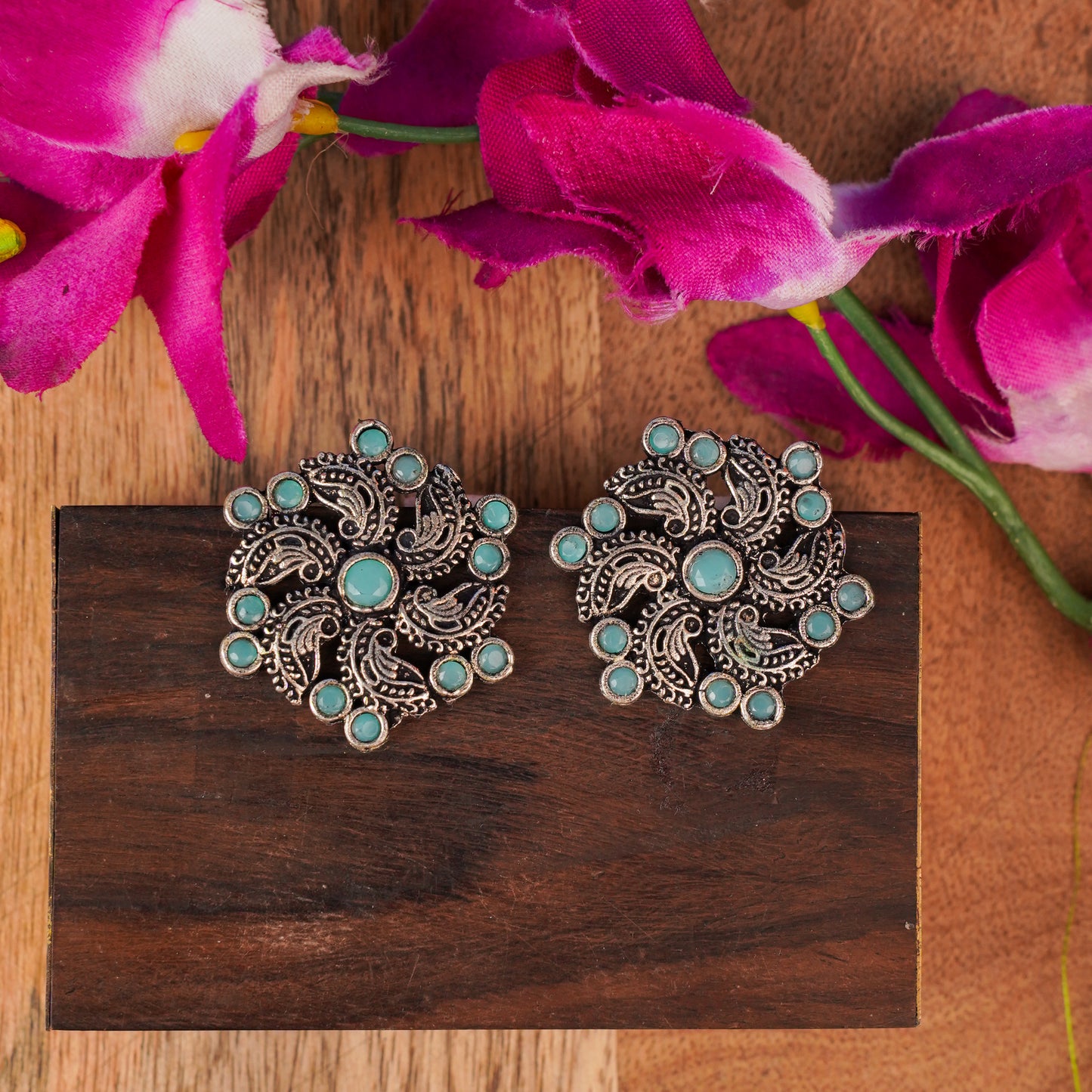 Mint Stone Studded German Silver Stud Earrings