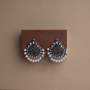 White Stone Studded German Silver Statement Earrings
