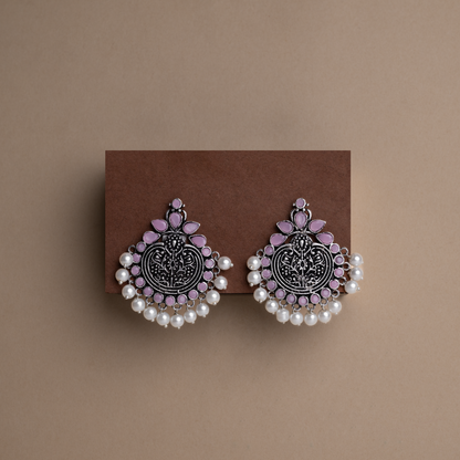 Baby Pink Stone Studded German Silver Statement Earrings