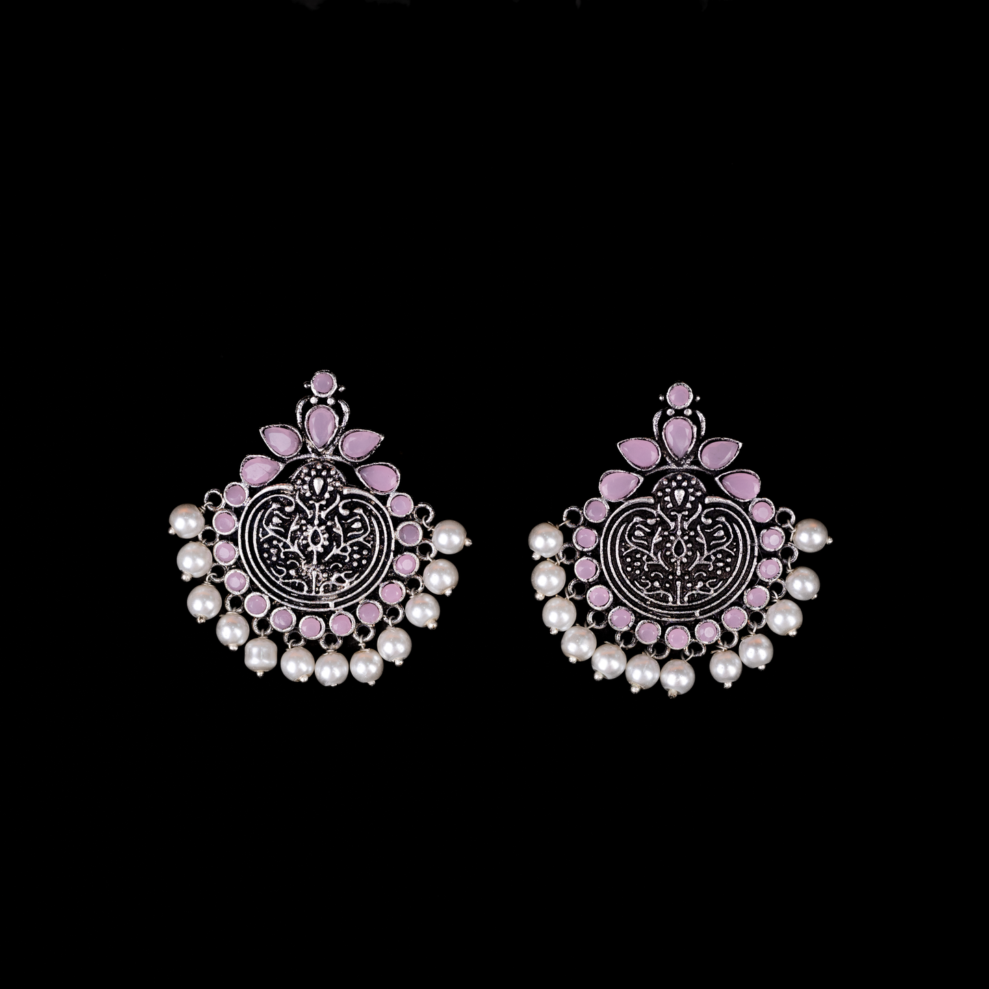 Baby Pink Stone Studded German Silver Statement Earrings