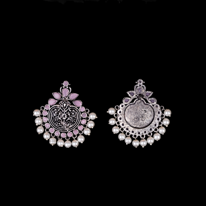 Baby Pink Stone Studded German Silver Statement Earrings