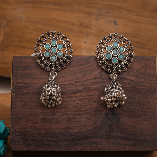 Pista Stone Studded Oxidised Earrings With Hanging Jhumki