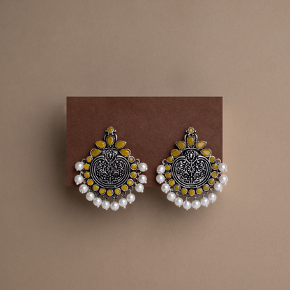 Yellow Stone Studded German Silver Statement Earrings