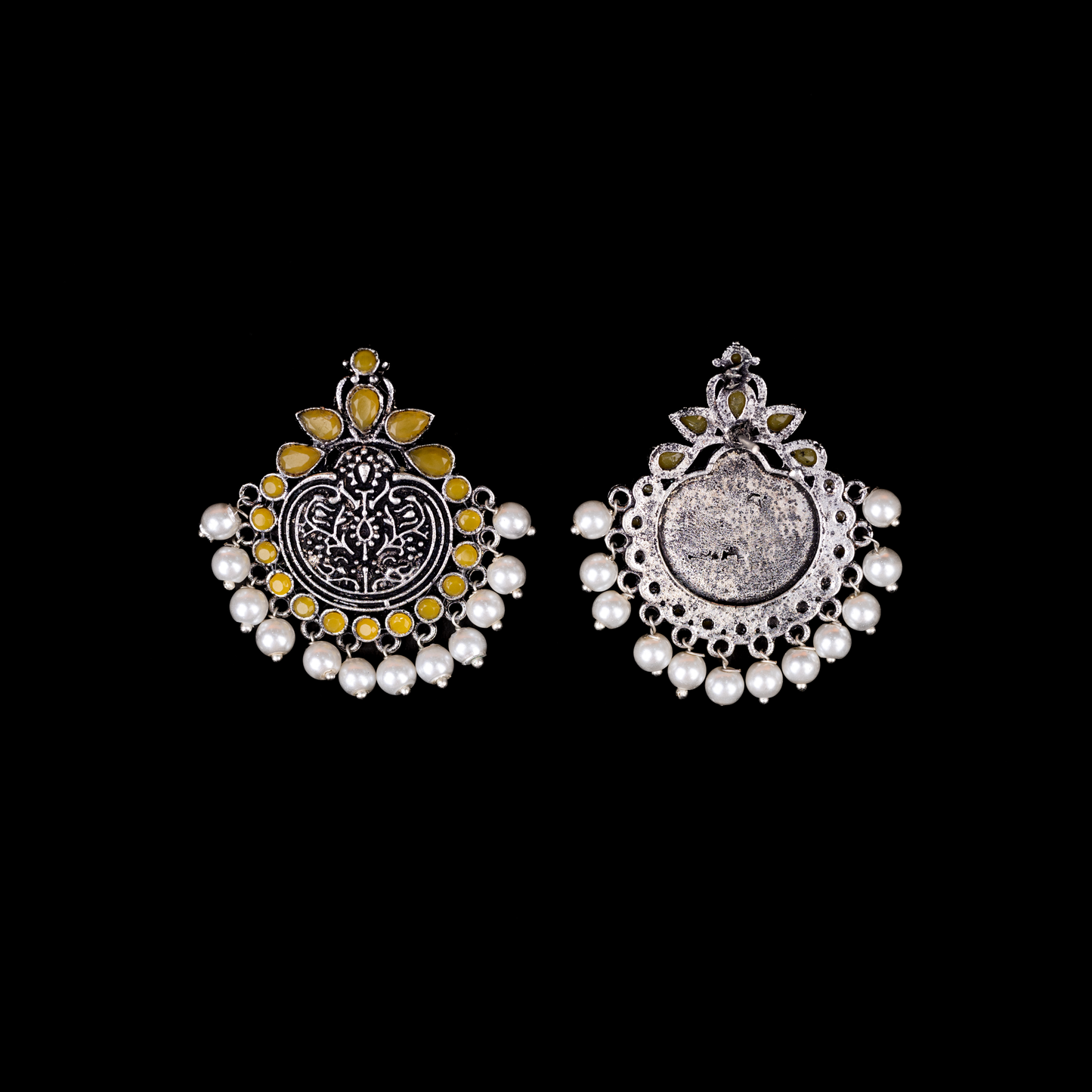 Yellow Stone Studded German Silver Statement Earrings