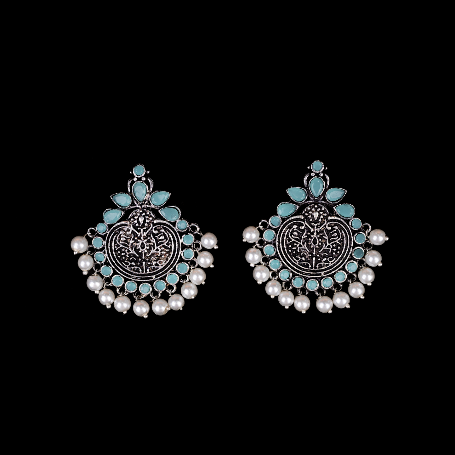 Mint Stone Studded German Silver Statement Earrings