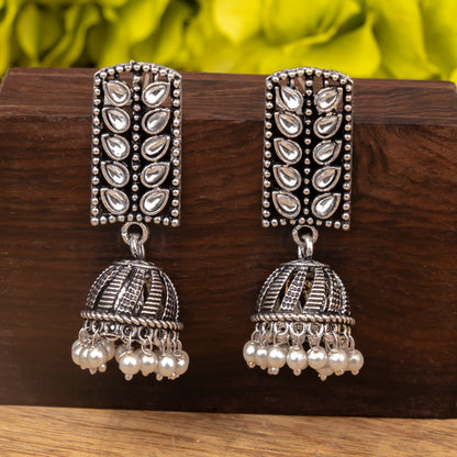 White Stone Studded German Silver Statement Earrings With Brass Jhumki