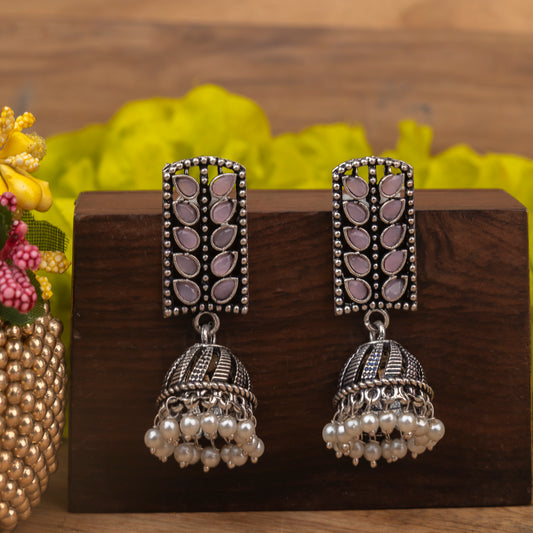 Baby Pink Stone Studded German Silver Statement Earrings With Brass Jhumki