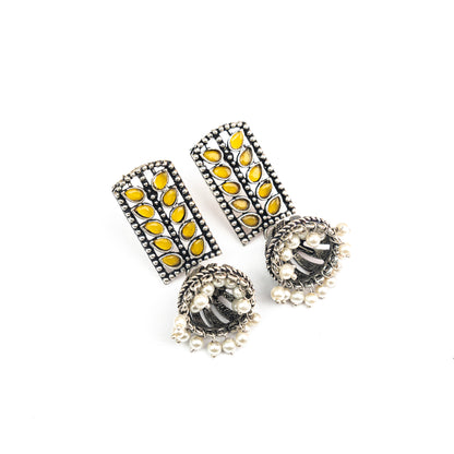 Yellow Stone Studded German Silver Statement Earrings With Brass Jhumki