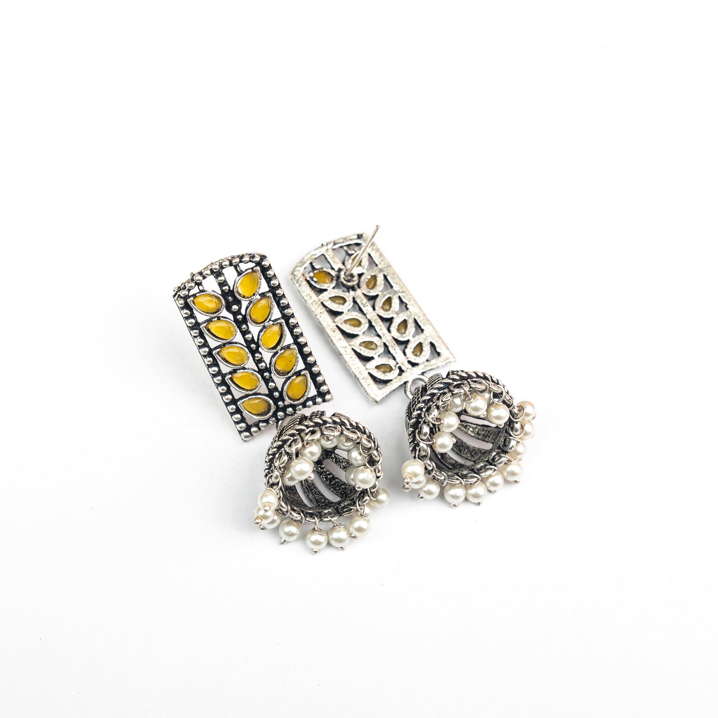 Yellow Stone Studded German Silver Statement Earrings With Brass Jhumki