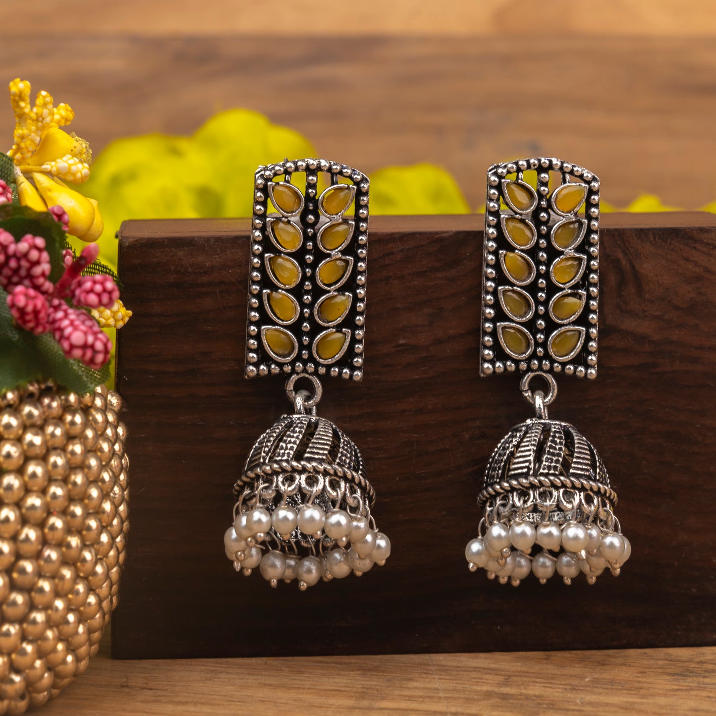 Yellow Stone Studded German Silver Statement Earrings With Brass Jhumki