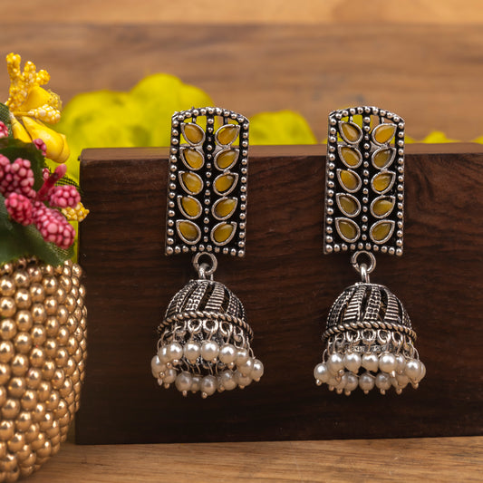 Yellow Stone Studded German Silver Statement Earrings With Brass Jhumki