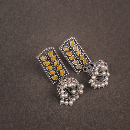 Yellow Stone Studded German Silver Statement Earrings With Brass Jhumki