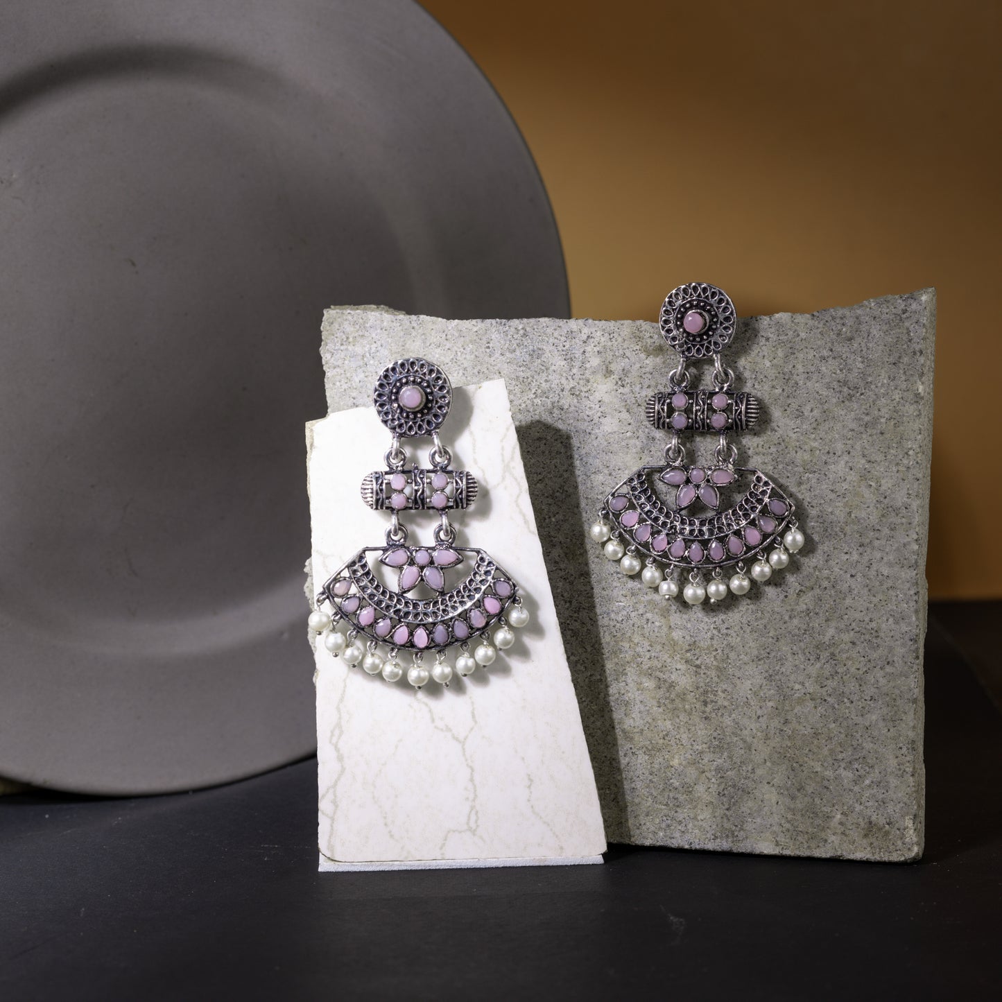 Baby Pink Stone Studded Rajwada Statement Earrings