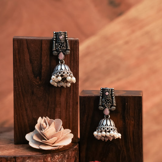 Baby Pink Stone Studded German Silver Earrings With Brass Jhumki