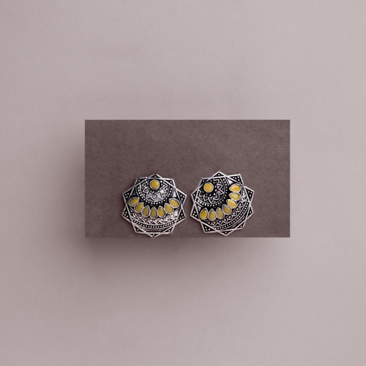 Yellow Stone Studded Geometrical German Silver Stud Earrings