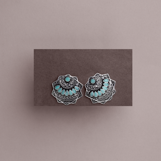 Mint Stone Studded Geometrical German Silver Stud Earrings