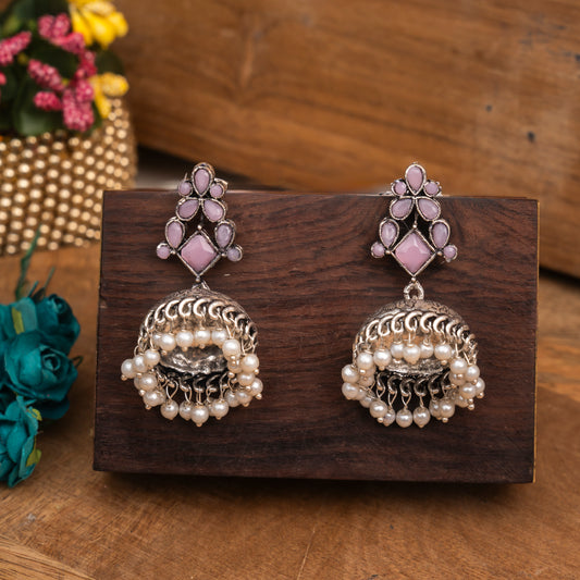 Baby Pink Stone Studded German Silver Dangler Earrings With Brass Jhumki